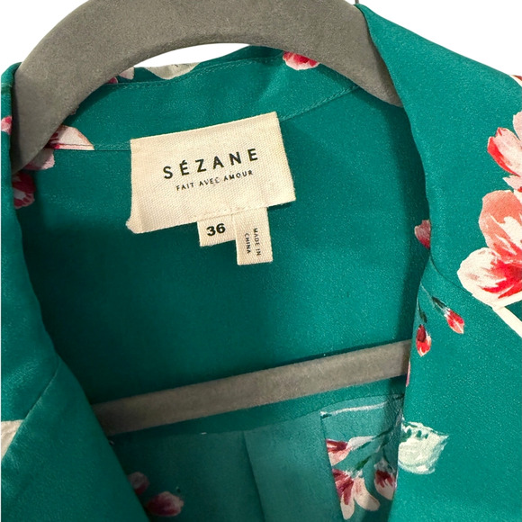 Sezane 4 Elisa 100% Silk Pajama Blouse Floral White Piping Covered Buttons Green - Picture 8 of 8